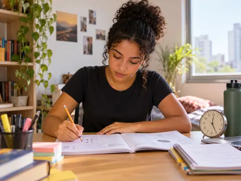 Estudante se preparando para o ENEM com caderno e exercícios