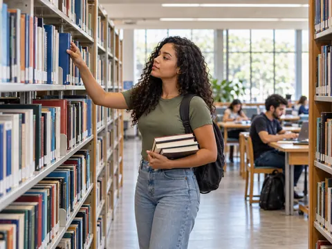 Estudante escolhendo um livro na biblioteca