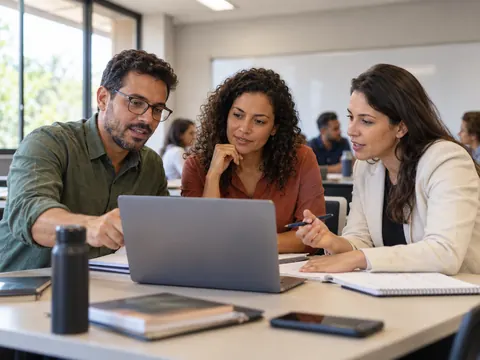 Profissionais discutindo um estudo de caso em uma pós-graduação