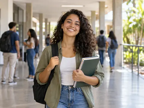 Estudante com mochila e caderno iniciando sua jornada universitária
