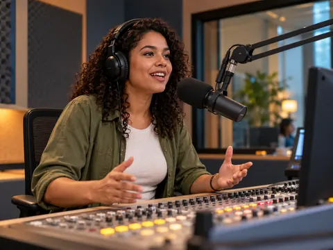 Apresentadora com microfone em estúdio de rádio