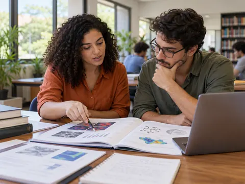 Pesquisadores analisando artigos e gráficos científicos