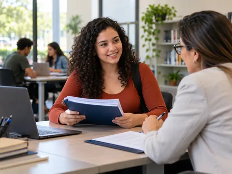 Estudante conversando com orientadora sobre documentos acadêmicos